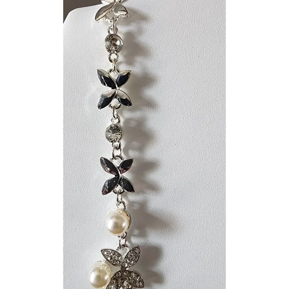 Faux Pearl and Rhinestone Butterfly Necklace & Earrings Set Wedding Prom Pretty